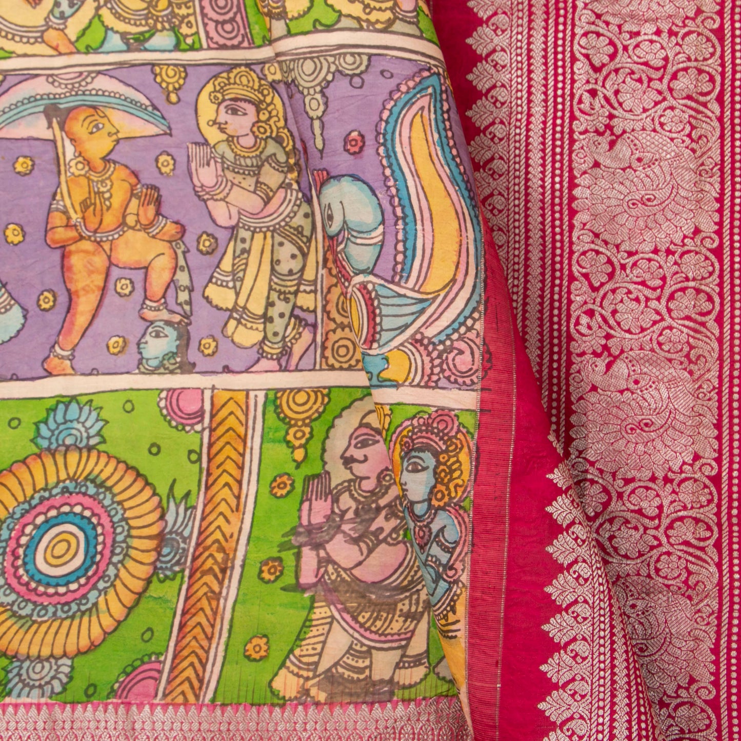 Vamana Avatar Themed Green Handpainted Kalamkari Kanchipuram Silk Saree For Festive Wear PV VSR KK 111