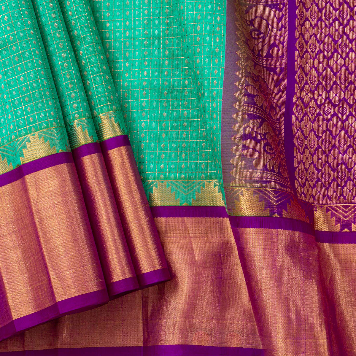 Sea Green And Purple Kanchi Silk Cotton Saree For Festive Wear VP SC 231