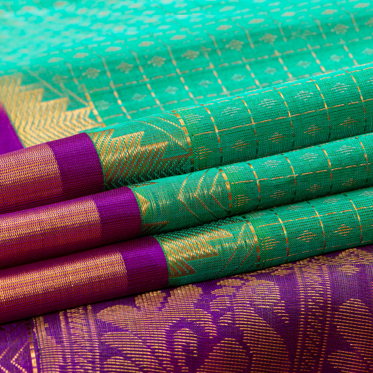 Sea Green And Purple Kanchi Silk Cotton Saree For Festive Wear VP SC 231