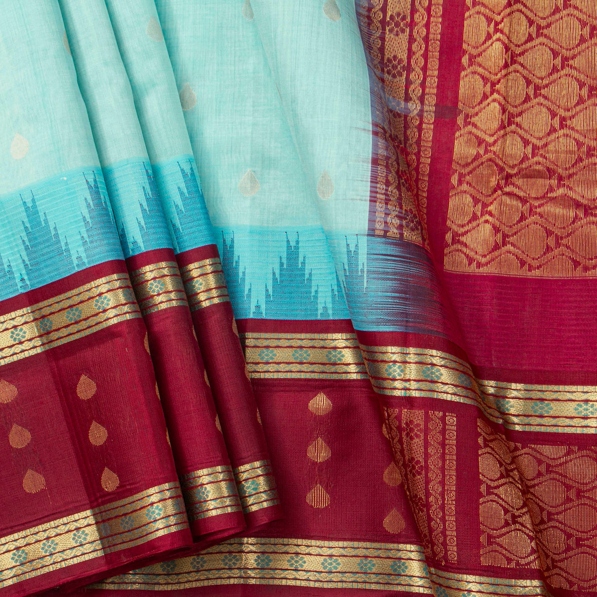 Blue And Maroon  Kanchi Silk Cotton Saree For Festive Wear VP SC 229