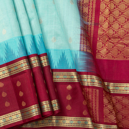 Blue And Maroon  Kanchi Silk Cotton Saree For Festive Wear VP SC 229