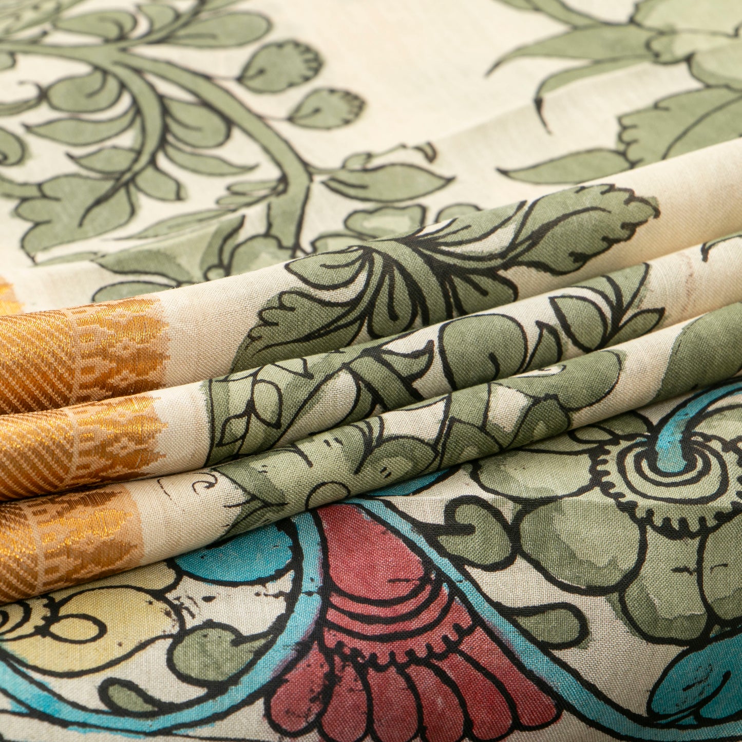 Off White And Blue Handpainted Kalamkari Bangalore Silk Saree With Zari Border For Festive Wear KBS VSR 113