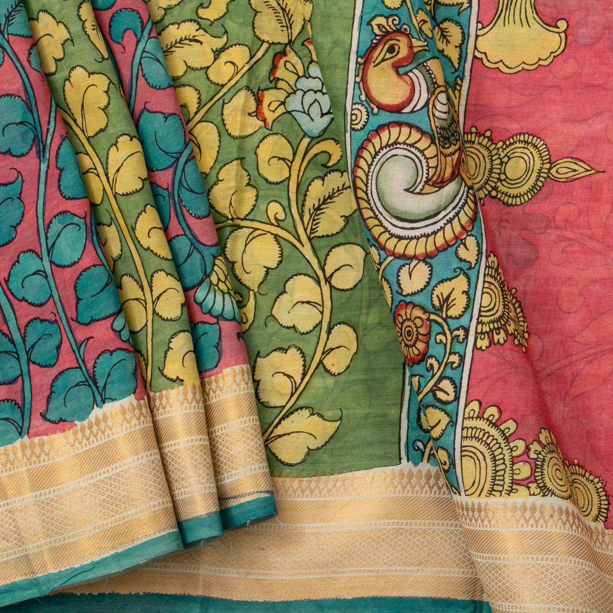 Green Handpainted Kalamkari Bangalore Silk Saree With Zari Border For Office Wear KBS VSR 114 - Kalamkari Silk - Panjavarnam KBS VSR 114