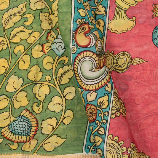 Green Handpainted Kalamkari Bangalore Silk Saree With Zari Border For Office Wear KBS VSR 114