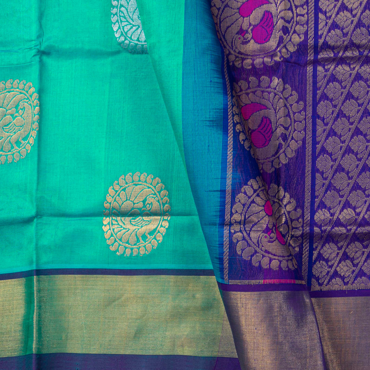 Sea Green And Blue Kanchi Silk Cotton Saree For Festive Wear VP SC 263