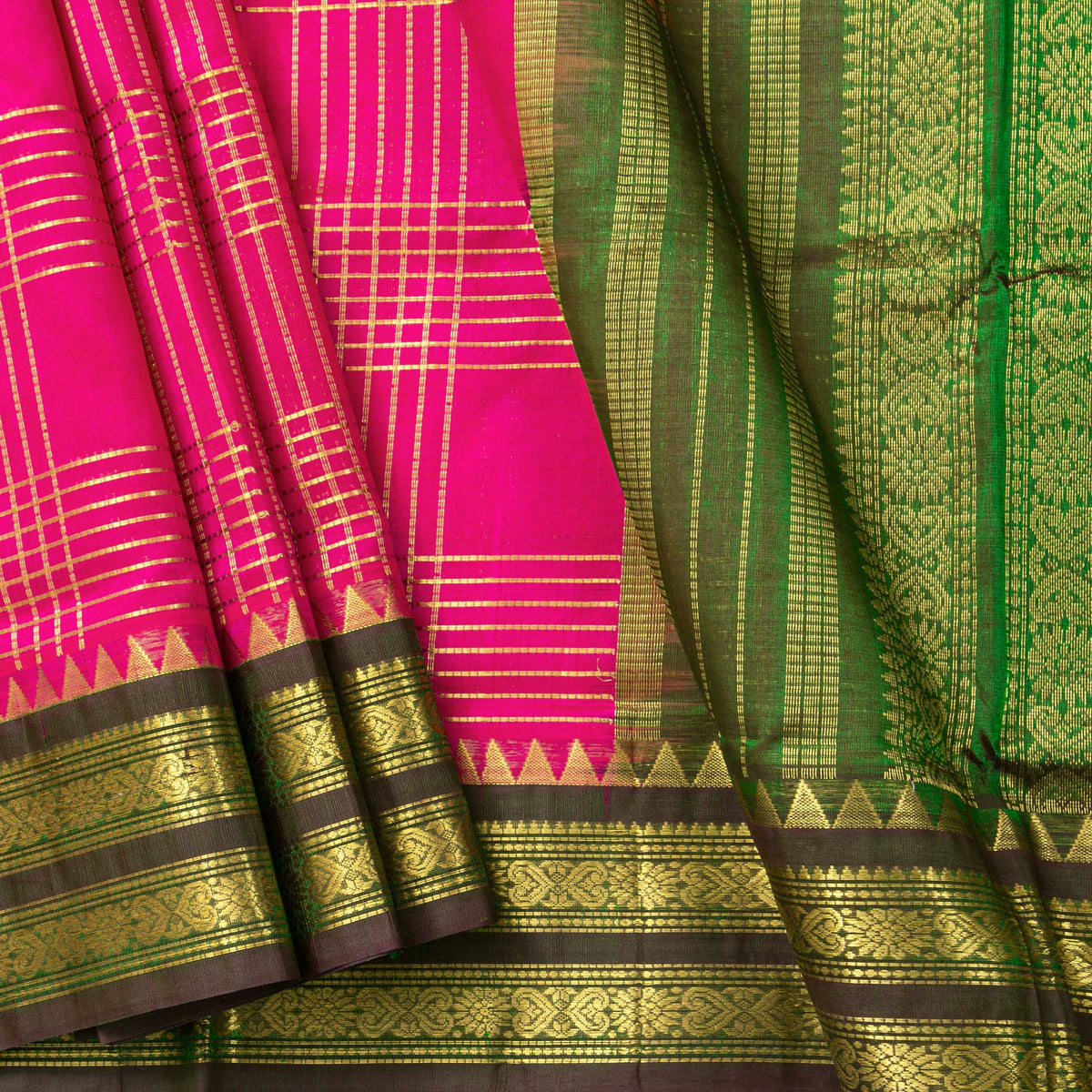 Pink And Green Kanchi Silk Cotton Saree For Festive Wear VP SC 234
