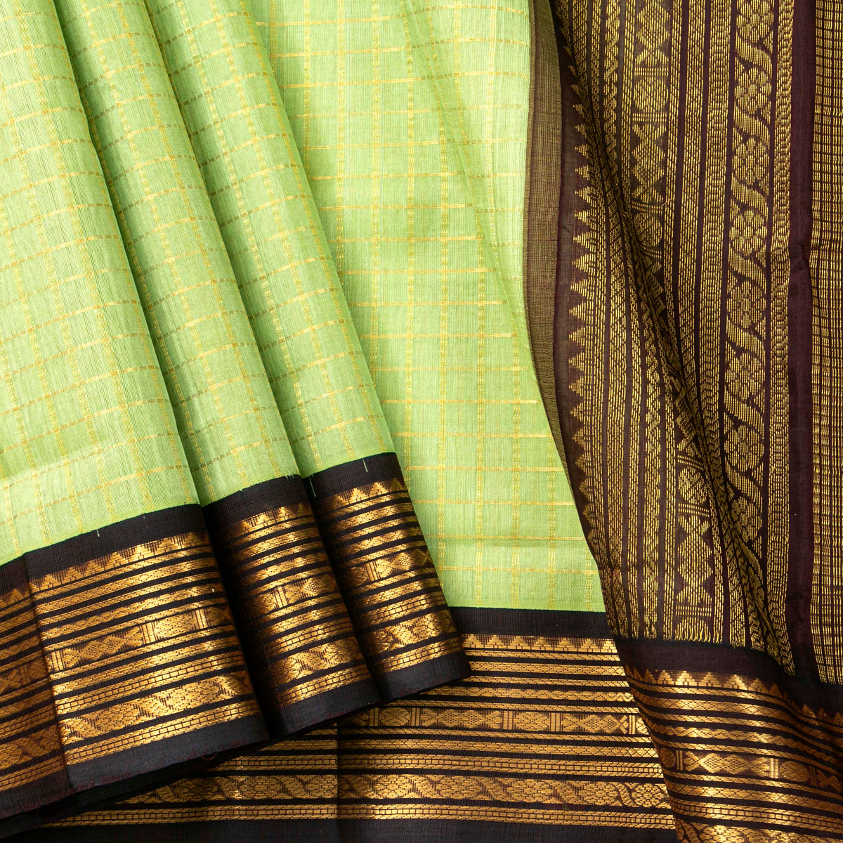 Green And Brown Kanchi Silk Cotton Saree For Festive Wear VP SC 235