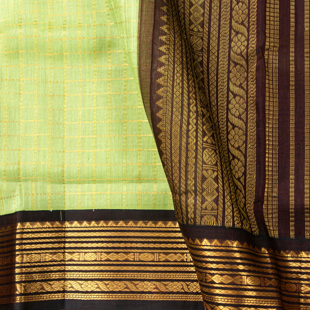 Green And Brown Kanchi Silk Cotton Saree For Festive Wear VP SC 235