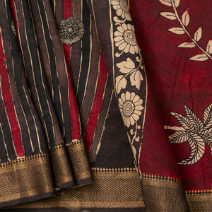 Handpainted Striped Kalamkari Bangalore Silk Saree in Maroon For Party Wear KBS VSR 105