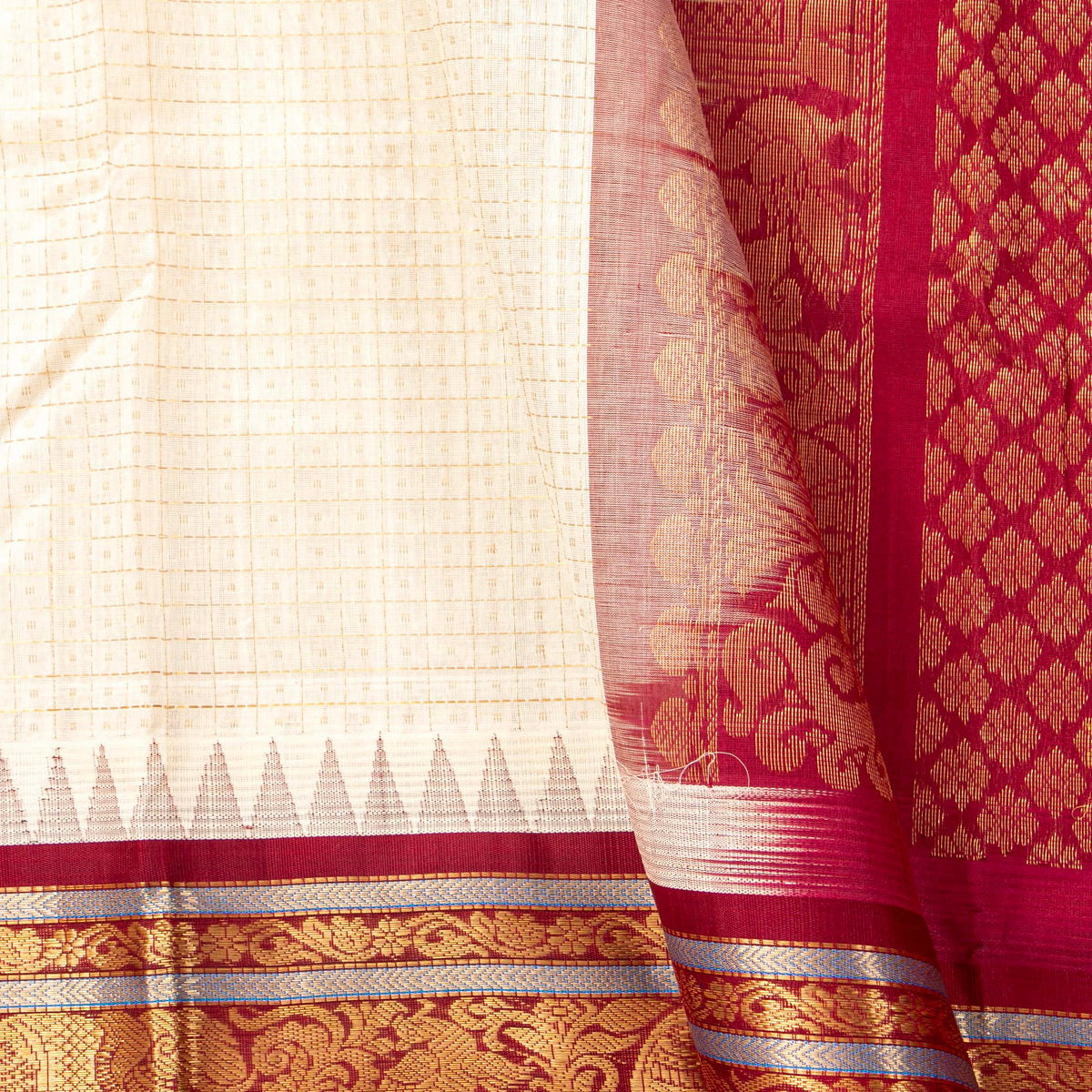 Off White And Maroon Kanchi Silk Cotton Saree For Festive Wear VP SC 202