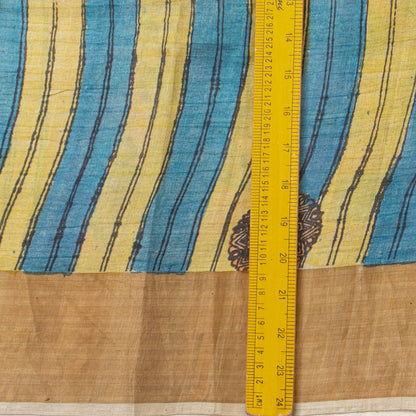 Blue And Green Handpainted Kalamkari Tussare Silk Saree With Zari Border PTK VSR 132