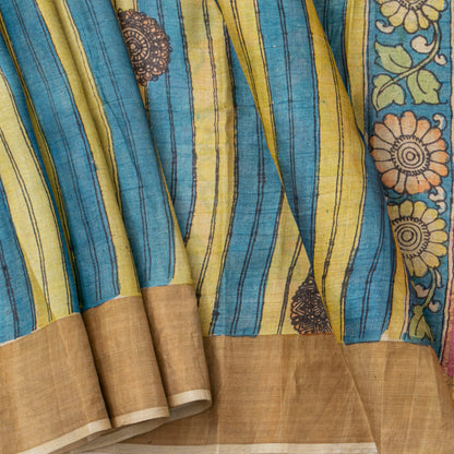 Blue And Green Handpainted Kalamkari Tussare Silk Saree With Zari Border PTK VSR 132
