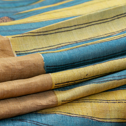 Blue And Green Handpainted Kalamkari Tussare Silk Saree With Zari Border PTK VSR 132