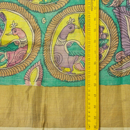Green Handpainted Kalamkari Tussare Silk Saree With Zari Border PTK VSR 135