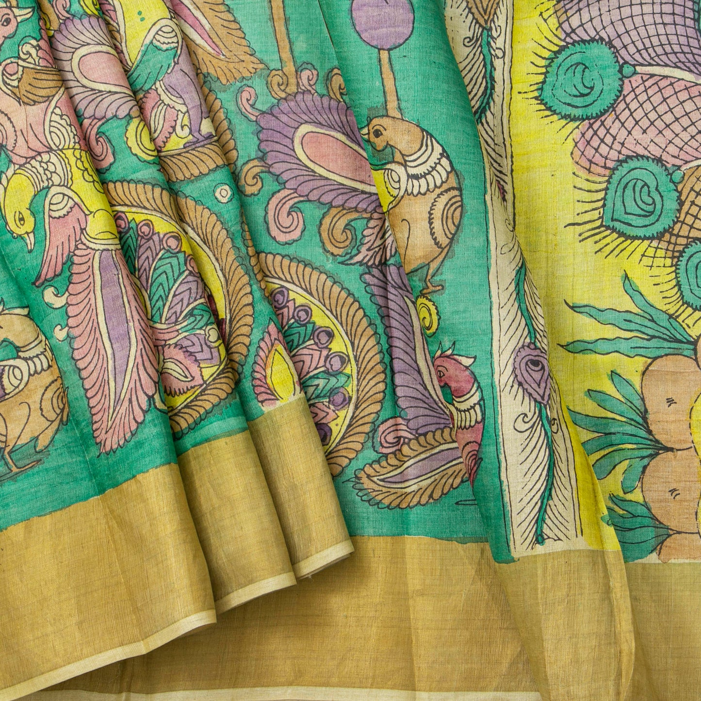 Green Handpainted Kalamkari Tussare Silk Saree With Zari Border PTK VSR 135
