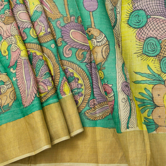 Green Handpainted Kalamkari Tussare Silk Saree With Zari Border PTK VSR 135