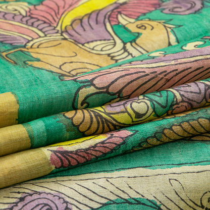 Green Handpainted Kalamkari Tussare Silk Saree With Zari Border PTK VSR 135