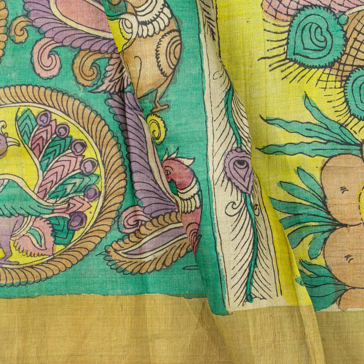 Green Handpainted Kalamkari Tussare Silk Saree With Zari Border PTK VSR 135
