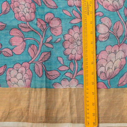 Blue Handpainted Kalamkari Tussar Silk Saree With Zari Border PTK VSR 134