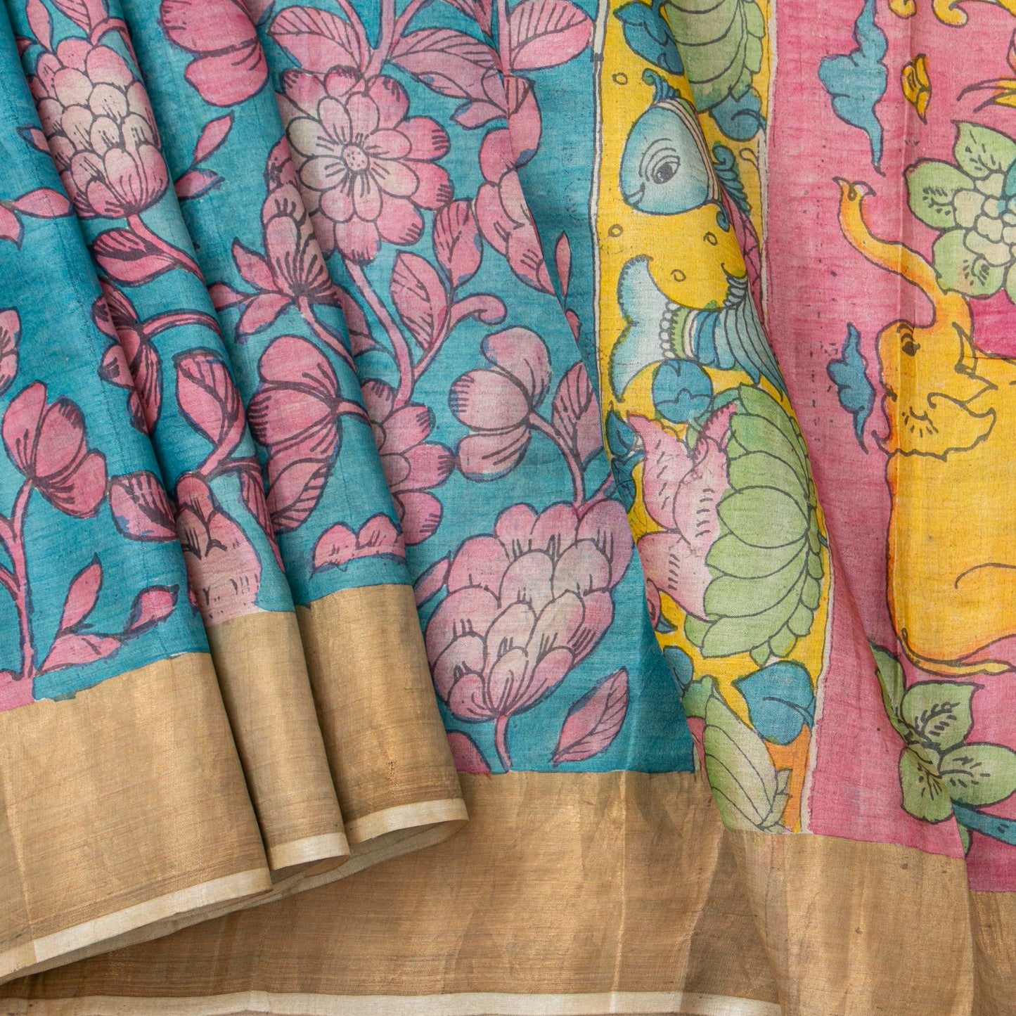 Blue Handpainted Kalamkari Tussar Silk Saree With Zari Border PTK VSR 134