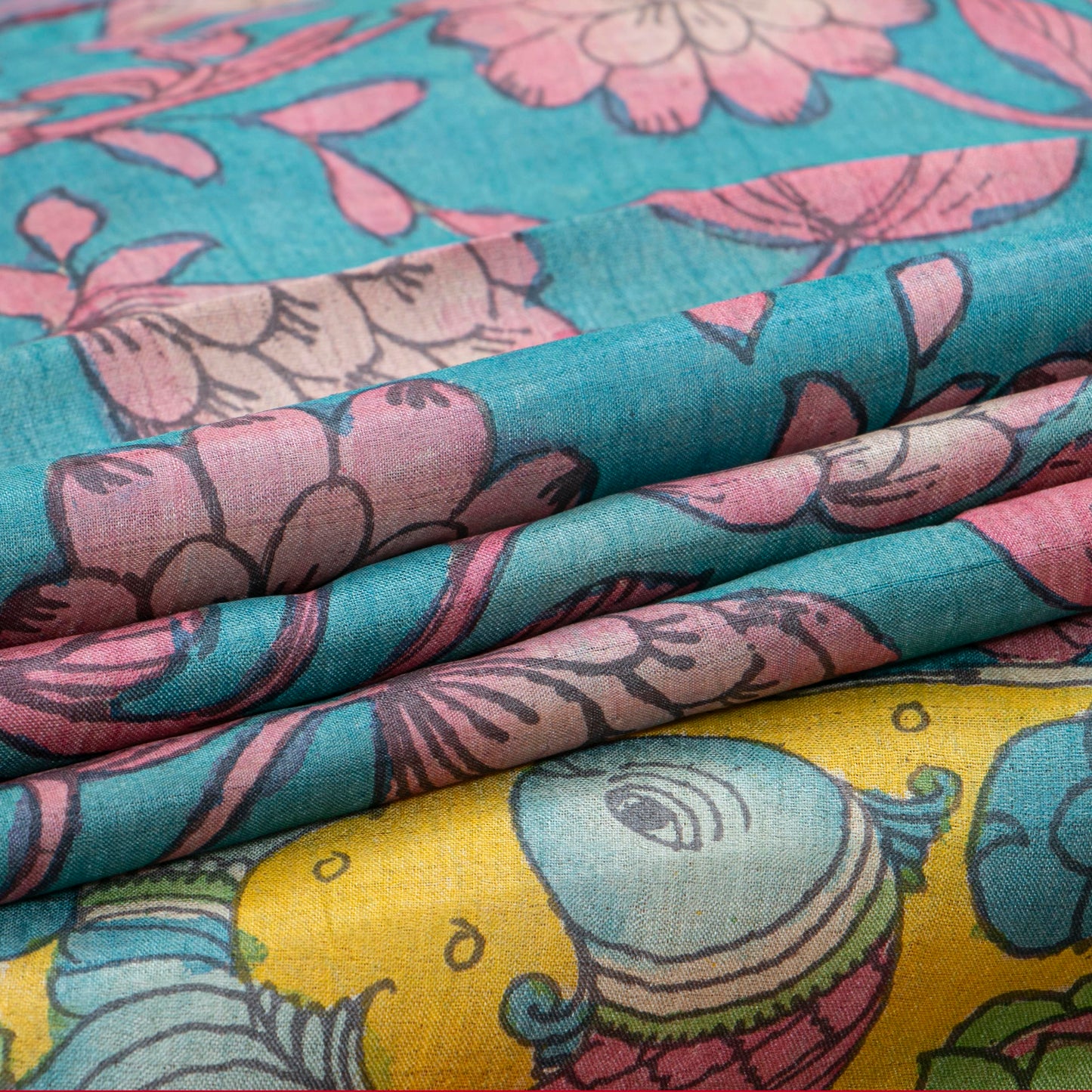 Blue Handpainted Kalamkari Tussar Silk Saree With Zari Border PTK VSR 134