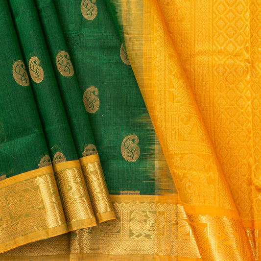 Green And Mustard Kanchi Silk Cotton Saree For Festive Wear VP SC 213