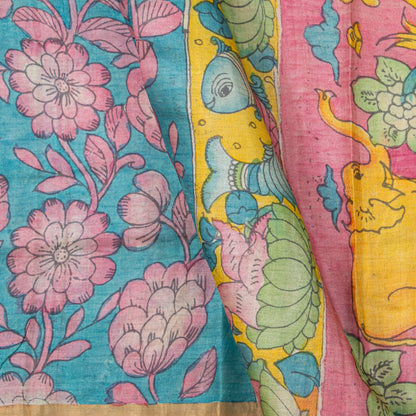 Blue Handpainted Kalamkari Tussar Silk Saree With Zari Border PTK VSR 134