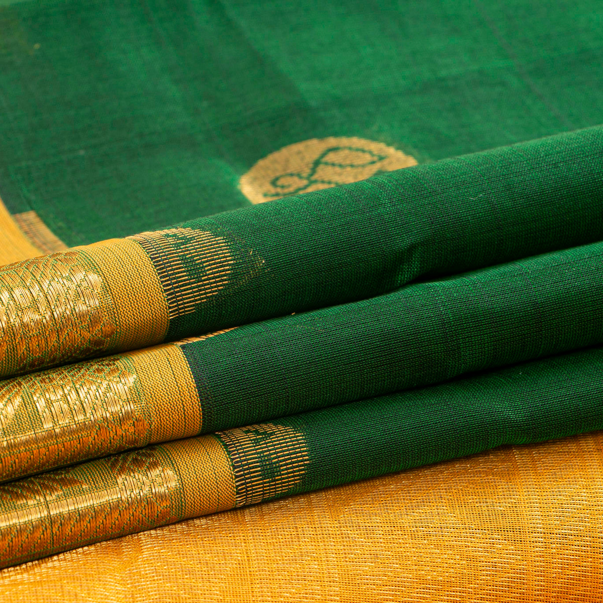Green And Mustard Kanchi Silk Cotton Saree For Festive Wear VP SC 213