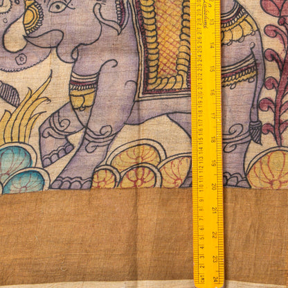 Beige Handpainted Kalamkari Tussar Silk Saree With Zari Border PTK VSR 133