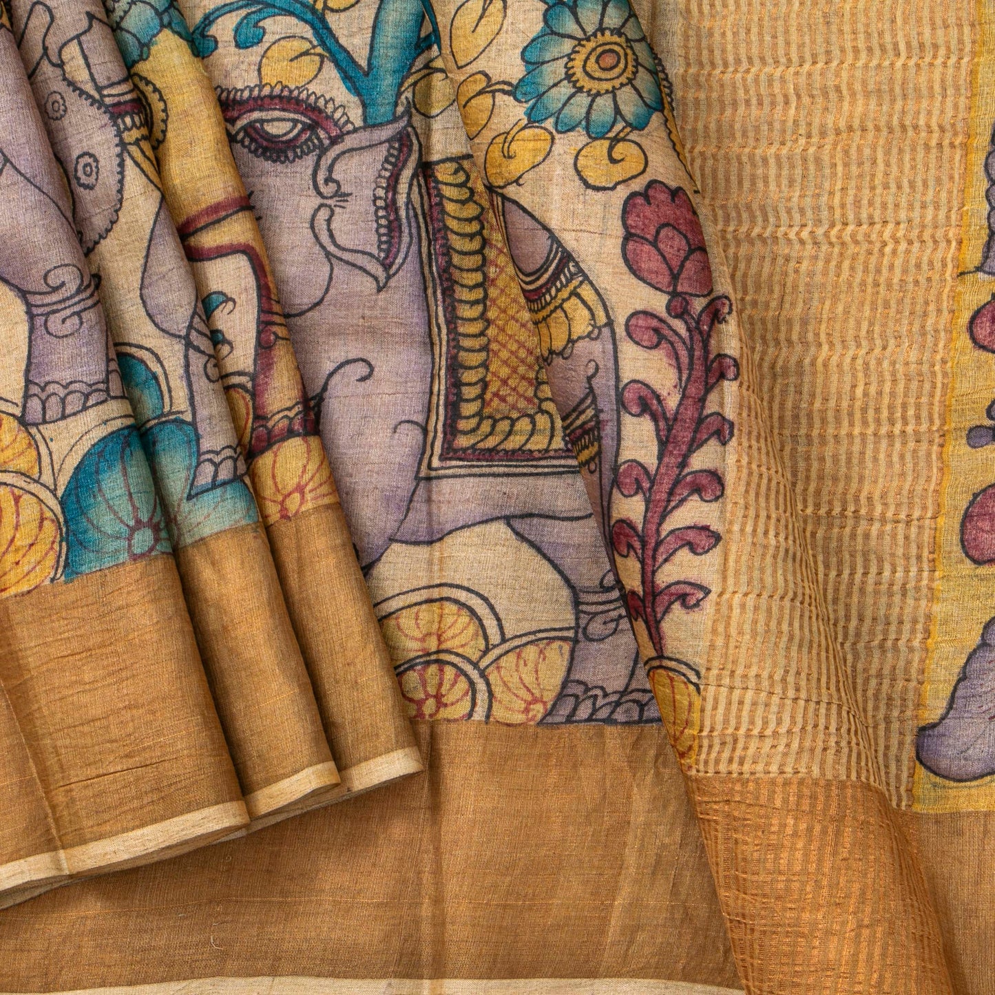 Beige Handpainted Kalamkari Tussar Silk Saree With Zari Border PTK VSR 133