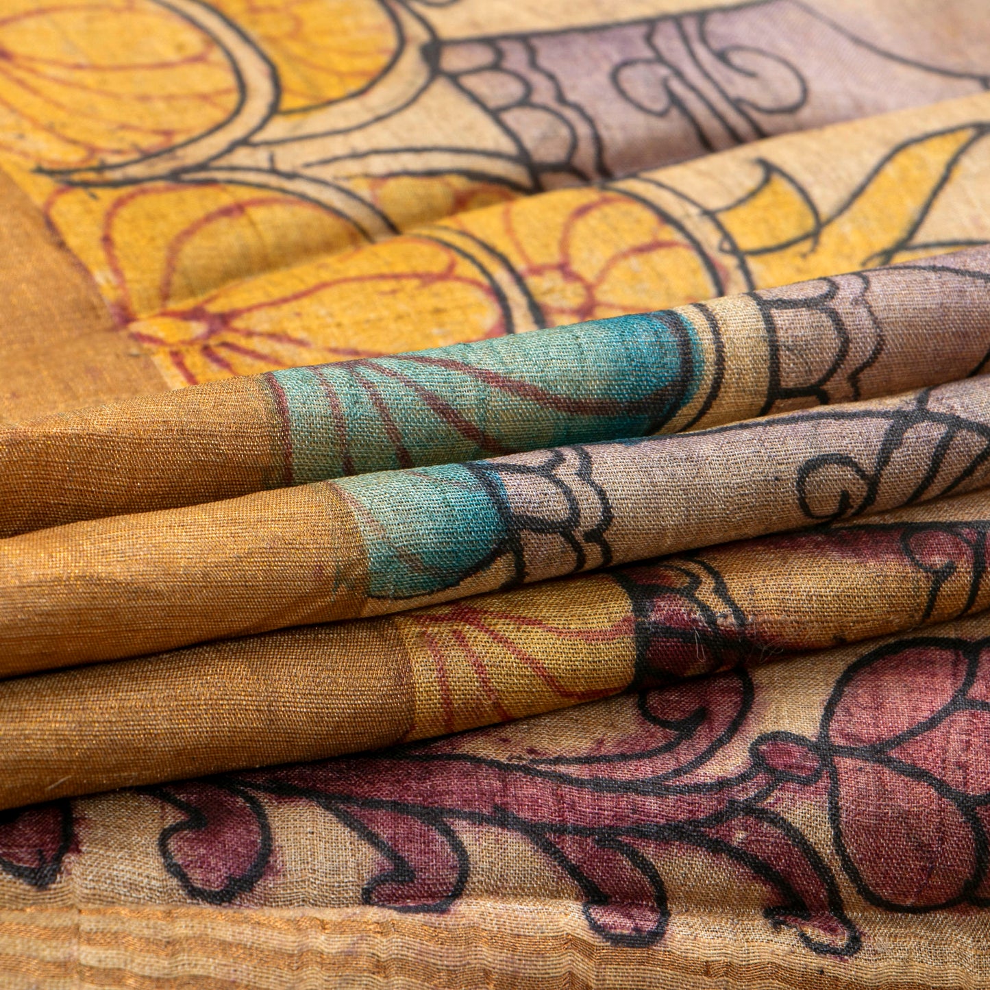 Beige Handpainted Kalamkari Tussar Silk Saree With Zari Border PTK VSR 133