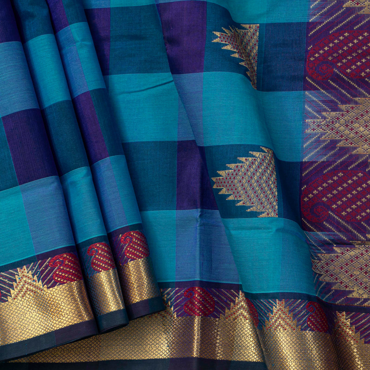 Multi Colour Checks Kanchi Silk Cotton Saree For Festive Wear VP SC 177