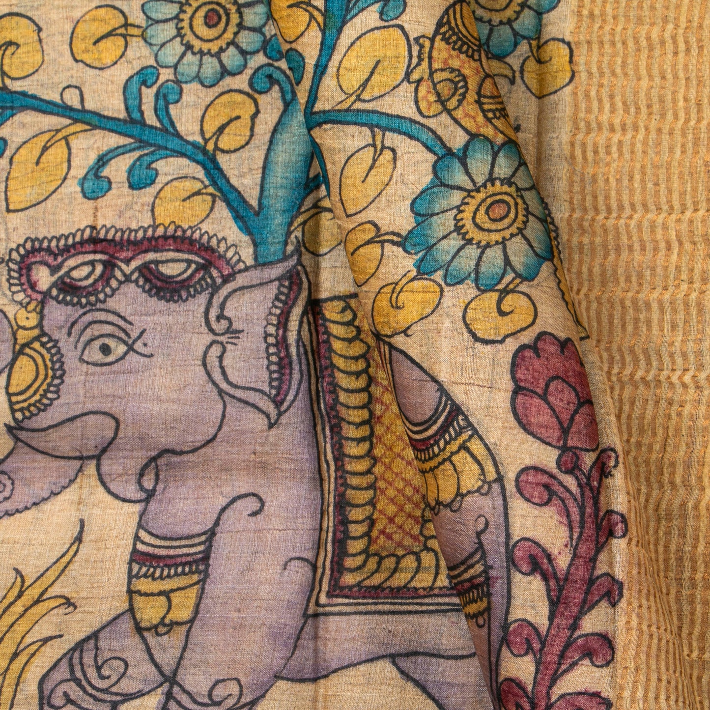 Beige Handpainted Kalamkari Tussar Silk Saree With Zari Border PTK VSR 133