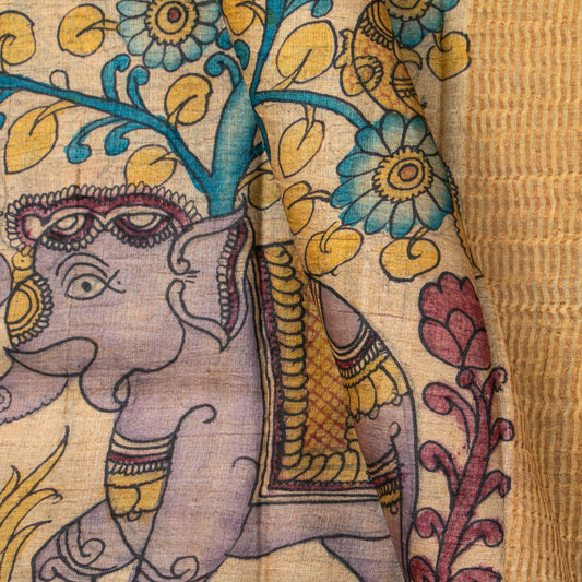 Beige Handpainted Kalamkari Tussar Silk Saree With Zari Border PTK VSR 133