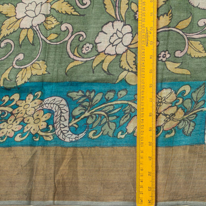 Green And Blue Handpainted Kalamkari Tussar Silk Saree With Zari Border PTK VSR 123