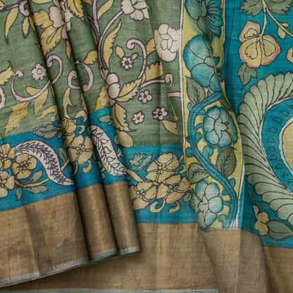 Green And Blue Handpainted Kalamkari Tussar Silk Saree With Zari Border PTK VSR 123