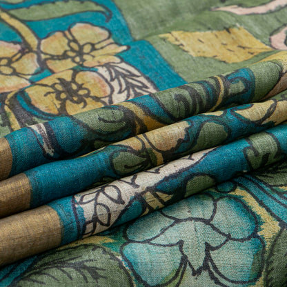 Green And Blue Handpainted Kalamkari Tussar Silk Saree With Zari Border PTK VSR 123