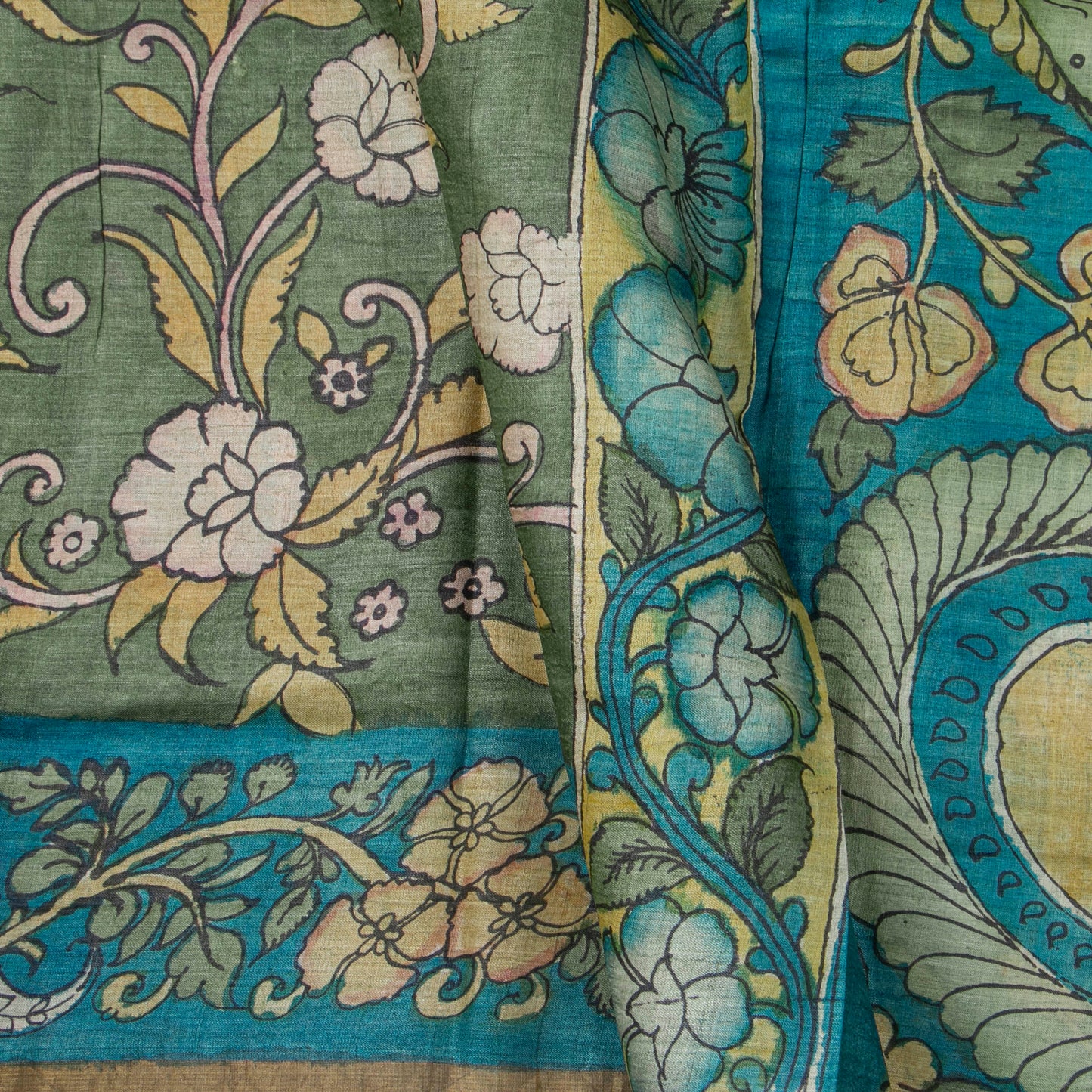 Green And Blue Handpainted Kalamkari Tussar Silk Saree With Zari Border PTK VSR 123