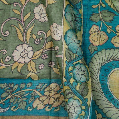 Green And Blue Handpainted Kalamkari Tussar Silk Saree With Zari Border PTK VSR 123