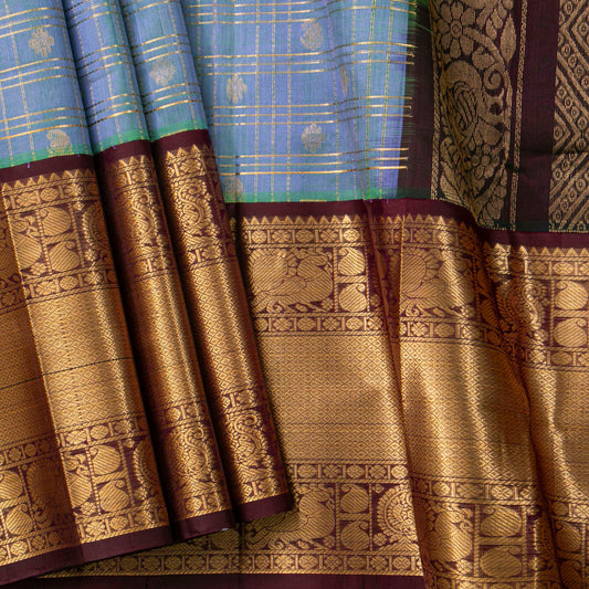 Blue And Brown Kanchi Silk Cotton Saree For Festive Wear VP SC 244