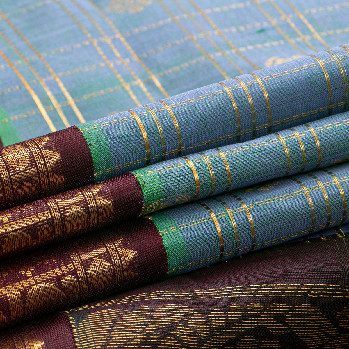 Blue And Brown Kanchi Silk Cotton Saree For Festive Wear VP SC 244