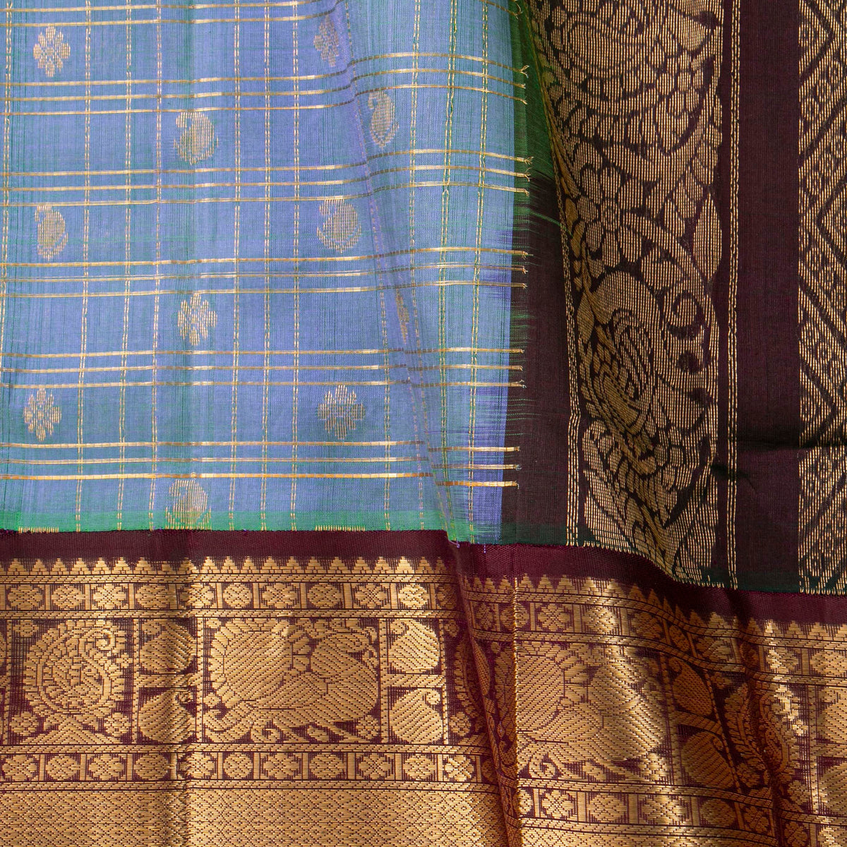 Blue And Brown Kanchi Silk Cotton Saree For Festive Wear VP SC 244