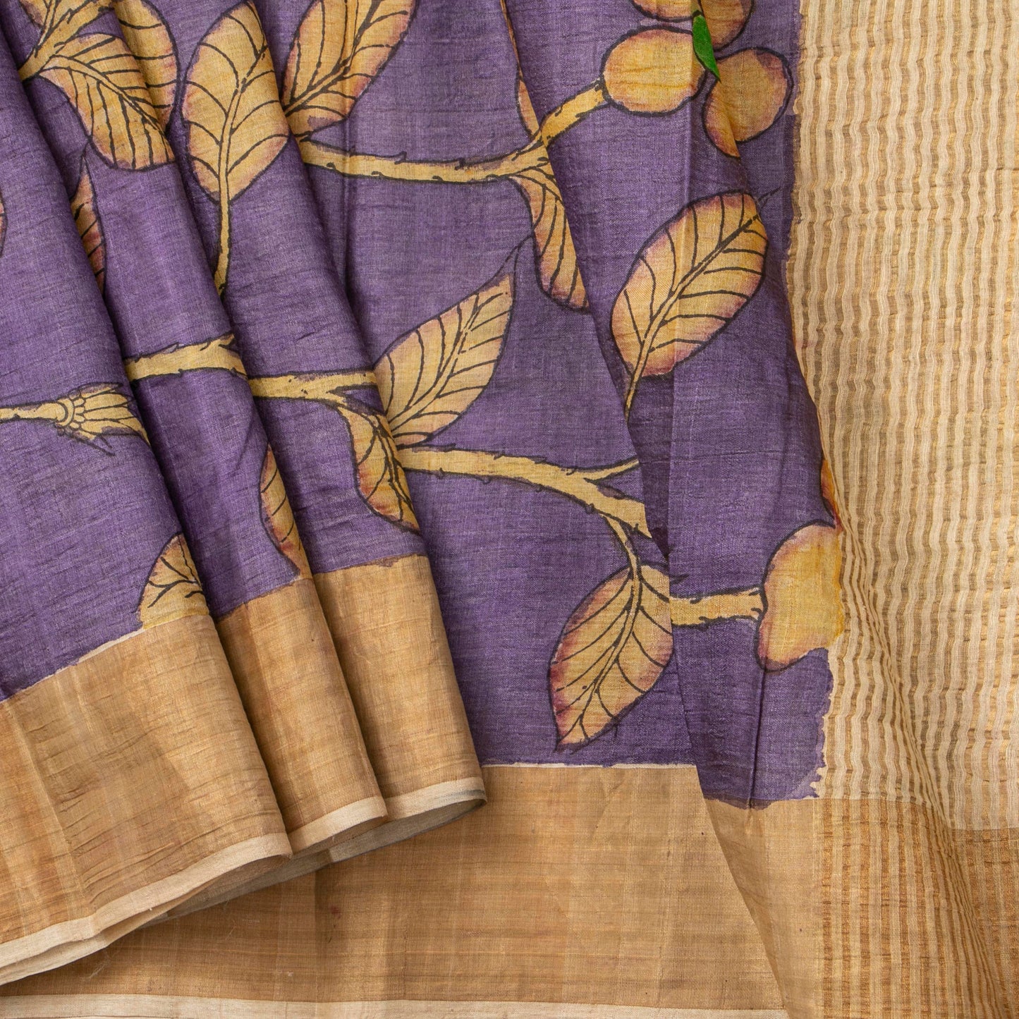 Mauve Handpainted Kalamkari Tussar Silk Saree With Zari Border PTK VSR 128