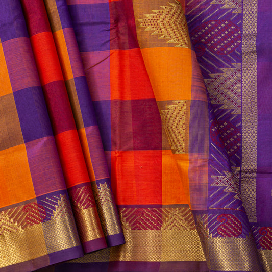 Multi Colour Checks Kanchi Silk Cotton Saree For Festive Wear VP SC 178