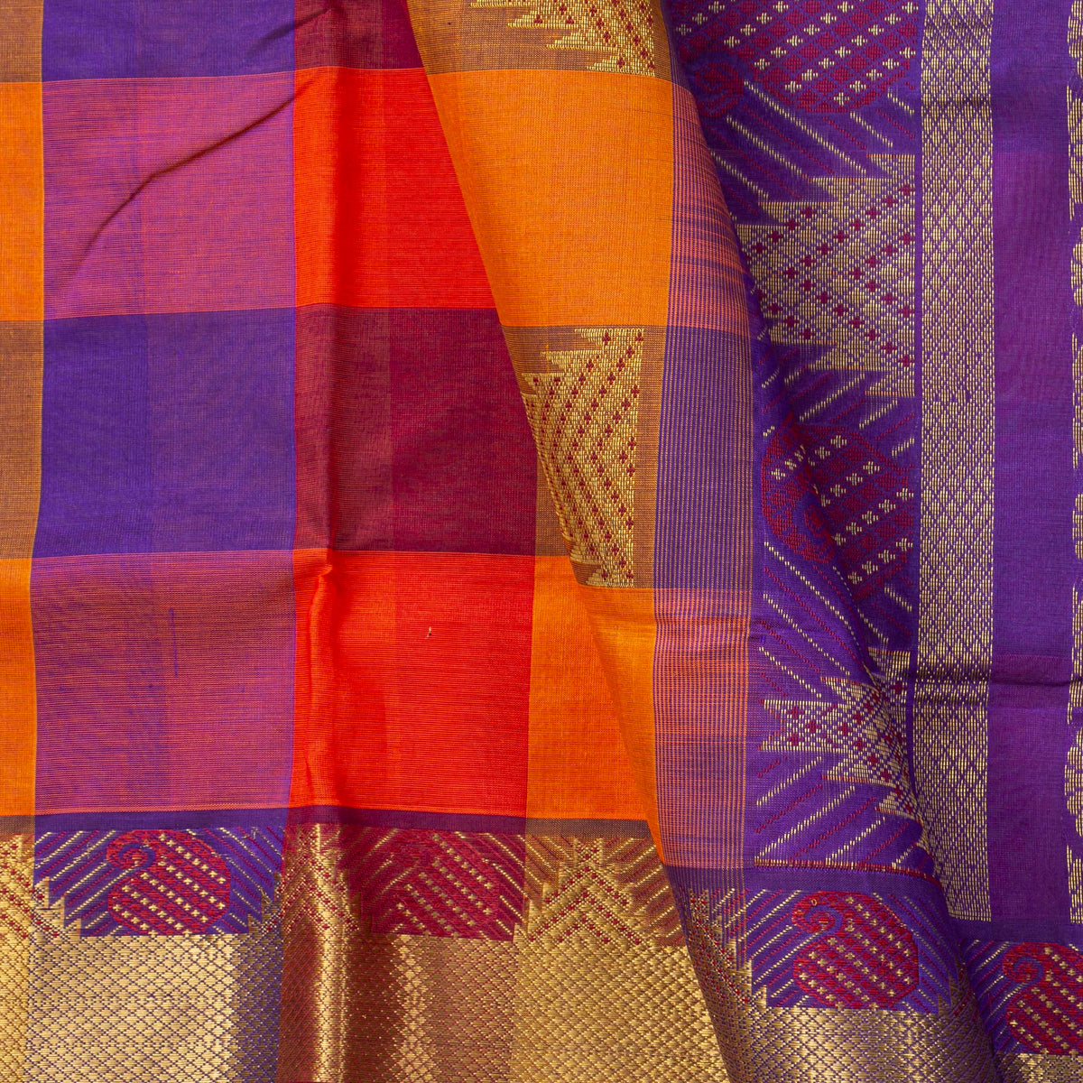 Multi Colour Checks Kanchi Silk Cotton Saree For Festive Wear VP SC 178