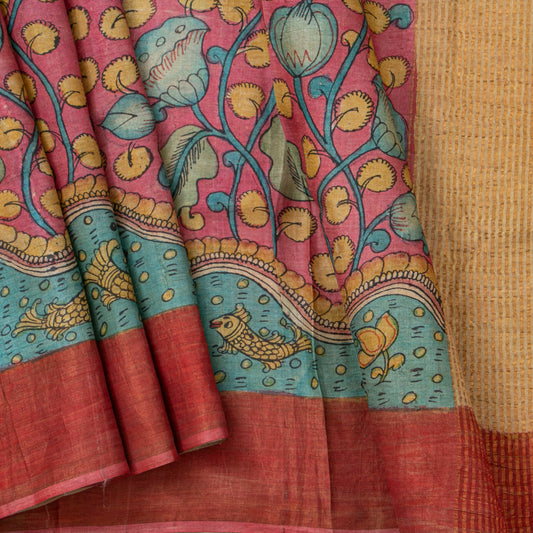 Green Handpainted Kalamkari Tussar Silk Saree With Zari Border PTK VSR 130