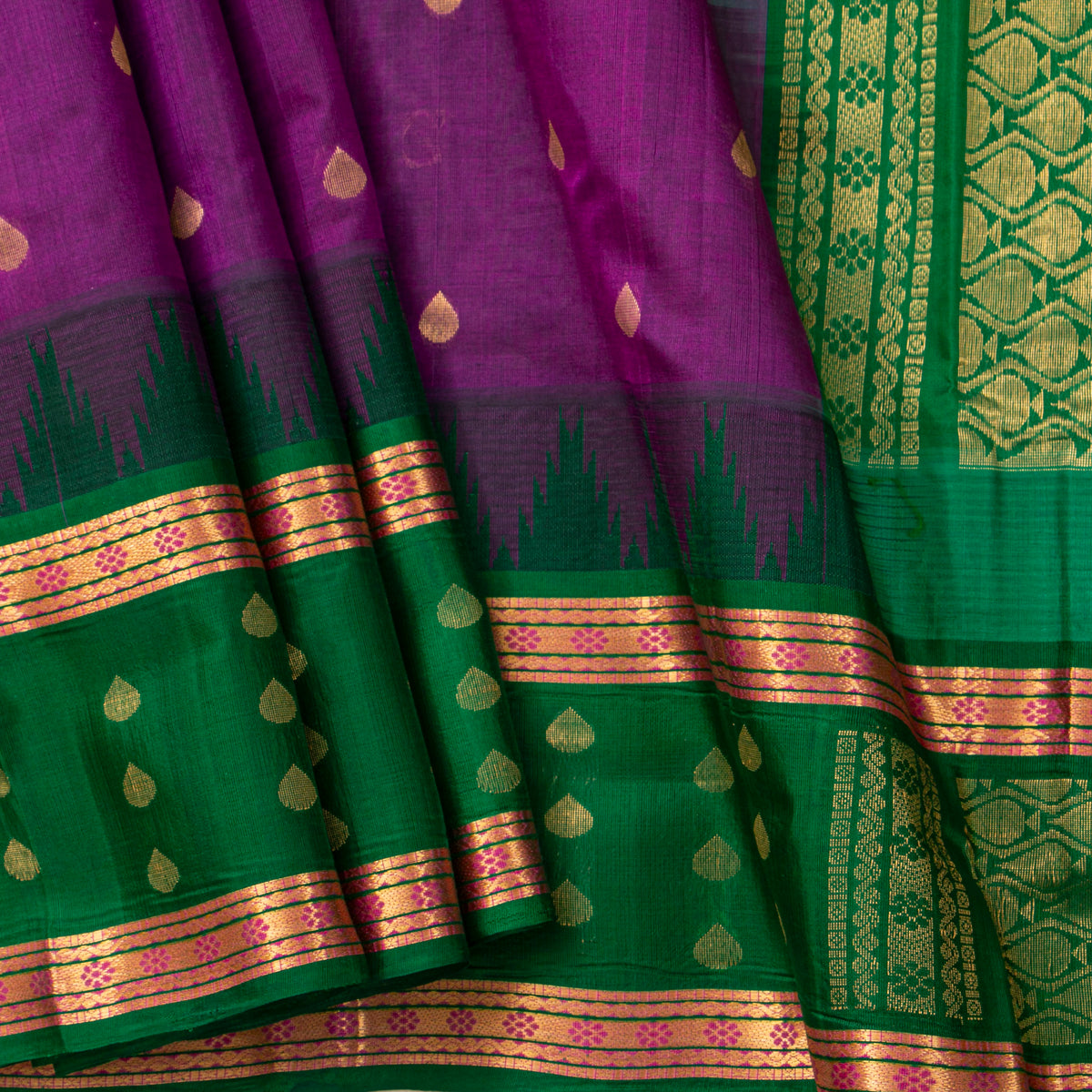 Magenta And Green Kanchi Silk Cotton Saree For Festive Wear VP SC 230