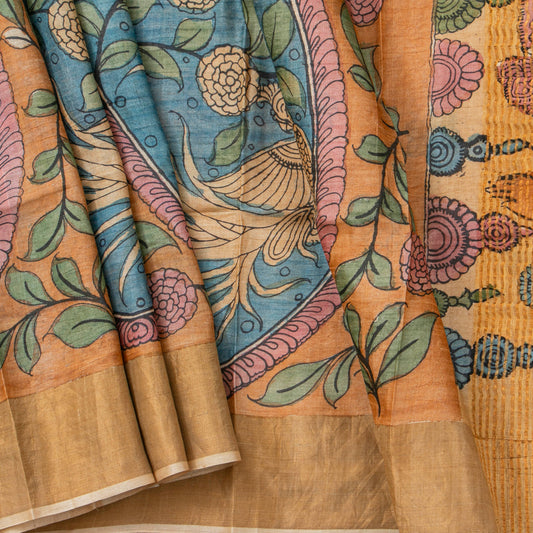 Orange Handpainted Kalamkari Tussare Silk Saree With Zari Border PTK VSR 131