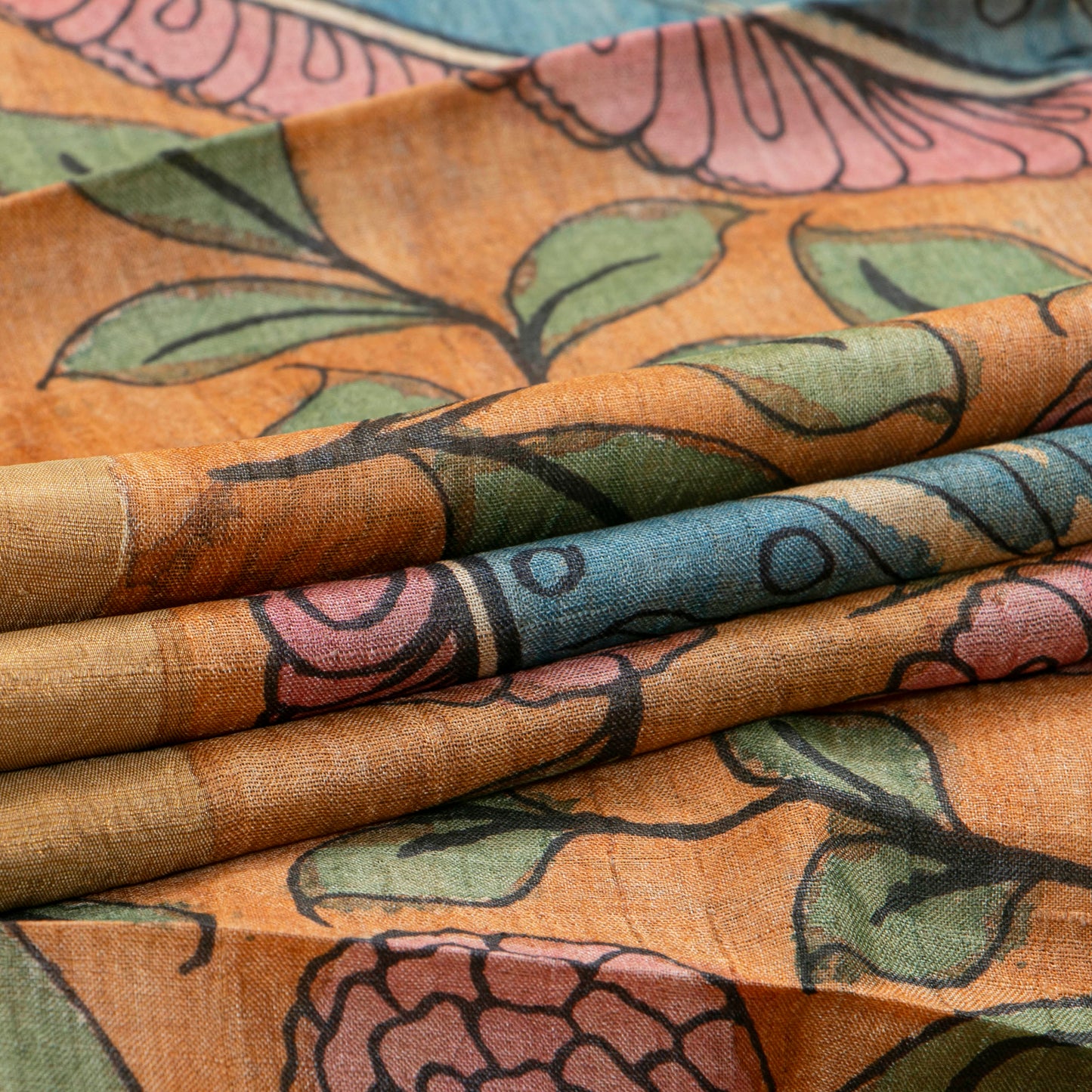 Orange Handpainted Kalamkari Tussare Silk Saree With Zari Border PTK VSR 131