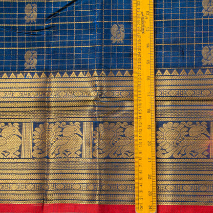 Blue And Red Kanchi Silk Cotton Saree For Festive Wear VP SC 240